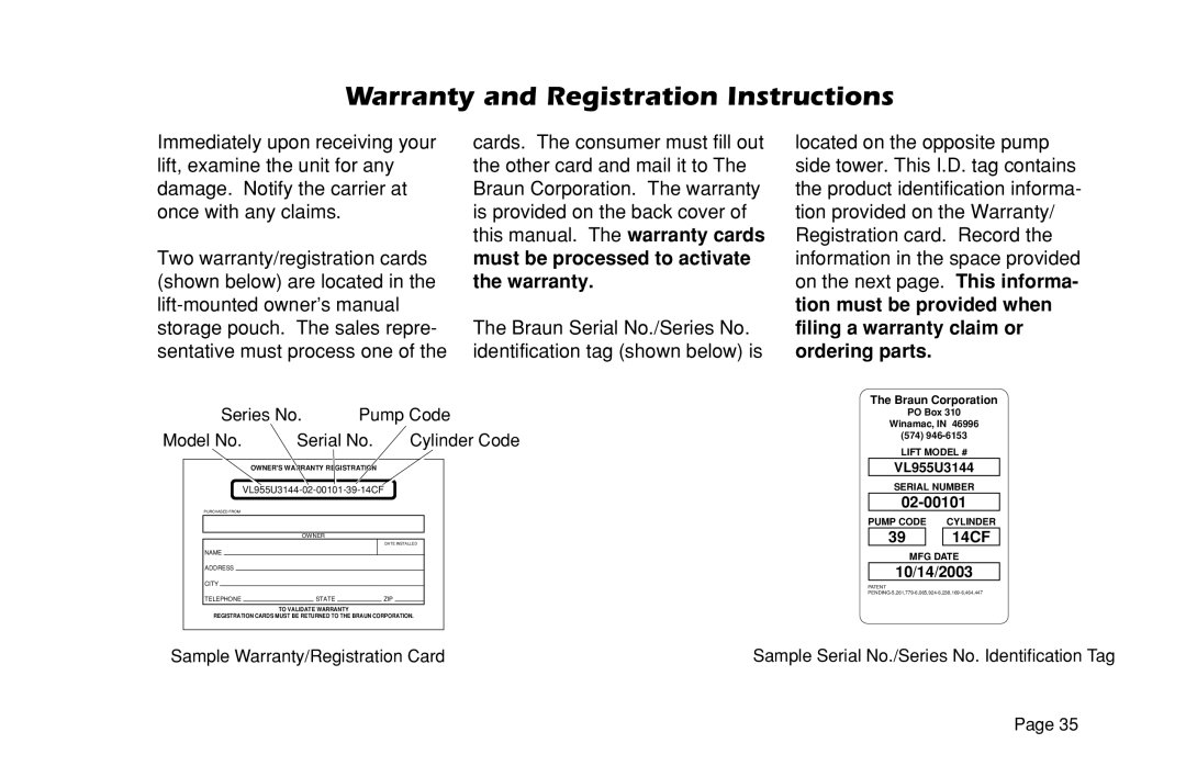 Braun VL955 manual Warranty and Registration Instructions, Series No Pump Code Model No Serial No 