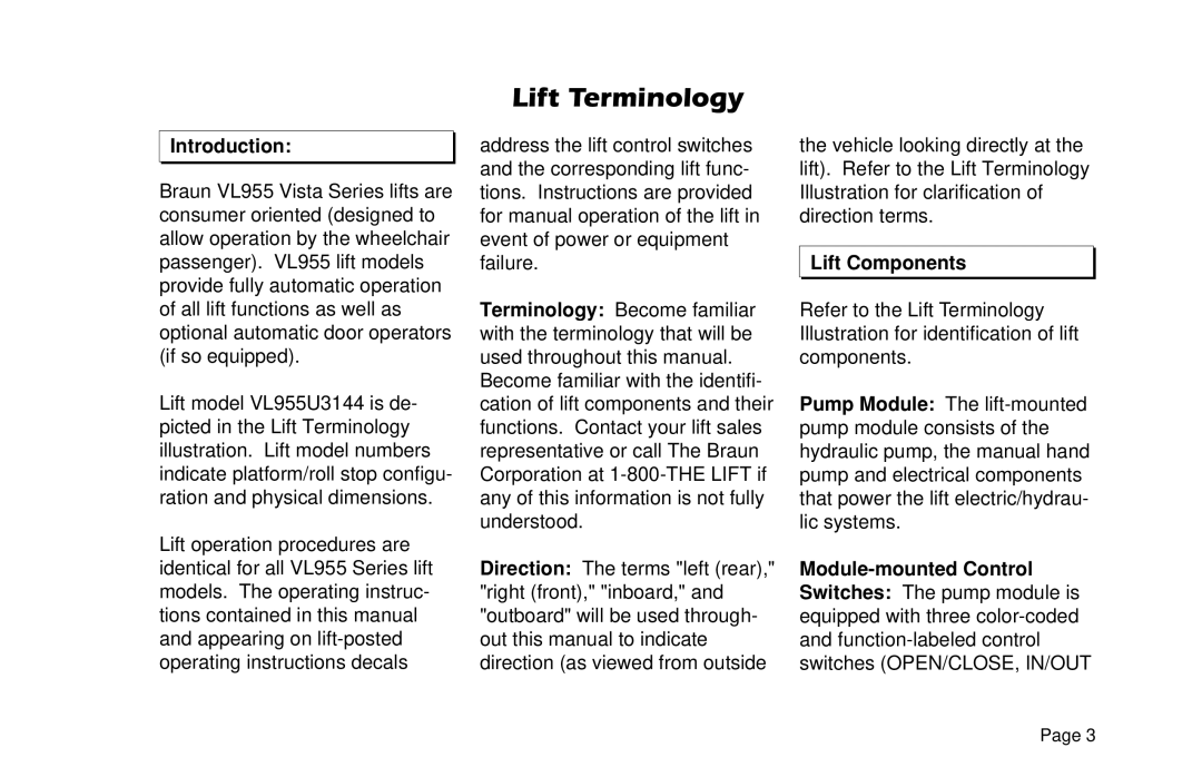 Braun VL955 manual Introduction, Lift Components 