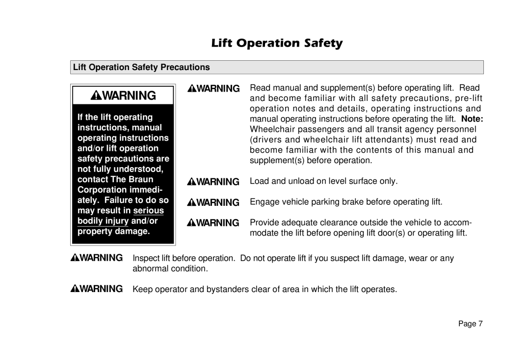 Braun VL955 manual Lift Operation Safety Precautions 