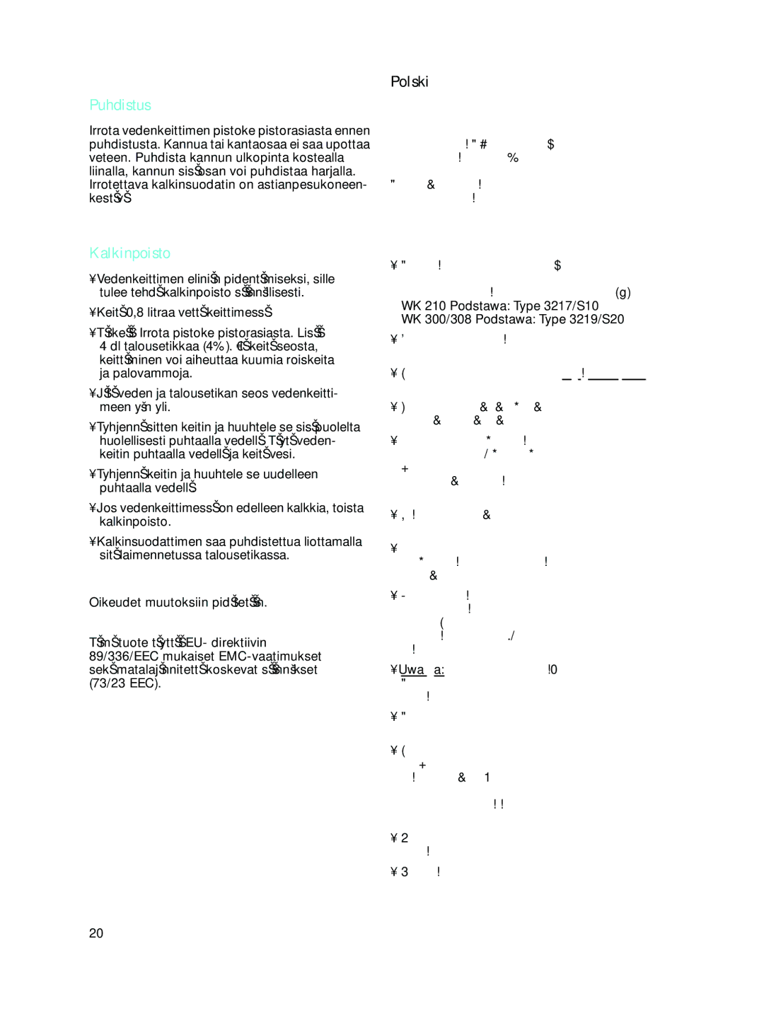 Braun WK 308 manual Puhdistus, Polski, Kalkinpoisto 