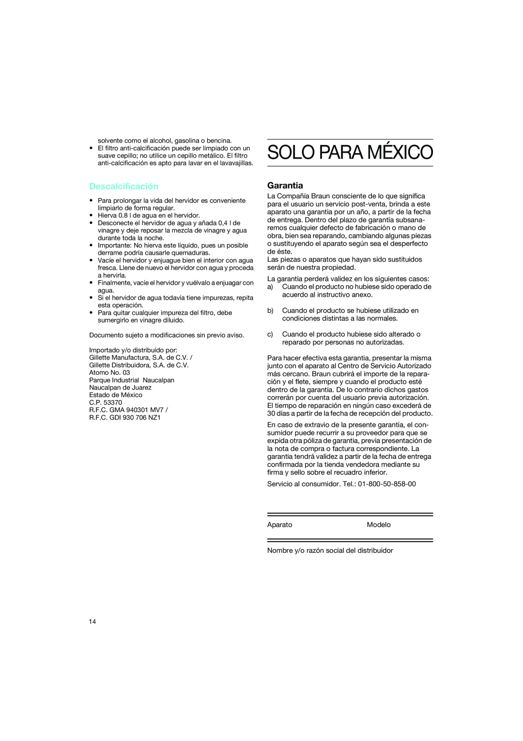 Braun WK 600 manual Descalcificación, Garantia 