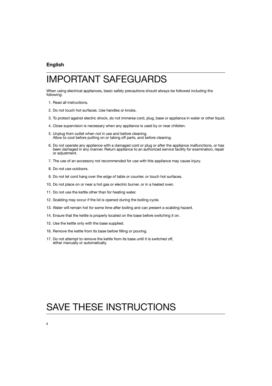 Braun WK 600 manual Important Safeguards, Save These Instructions, English 