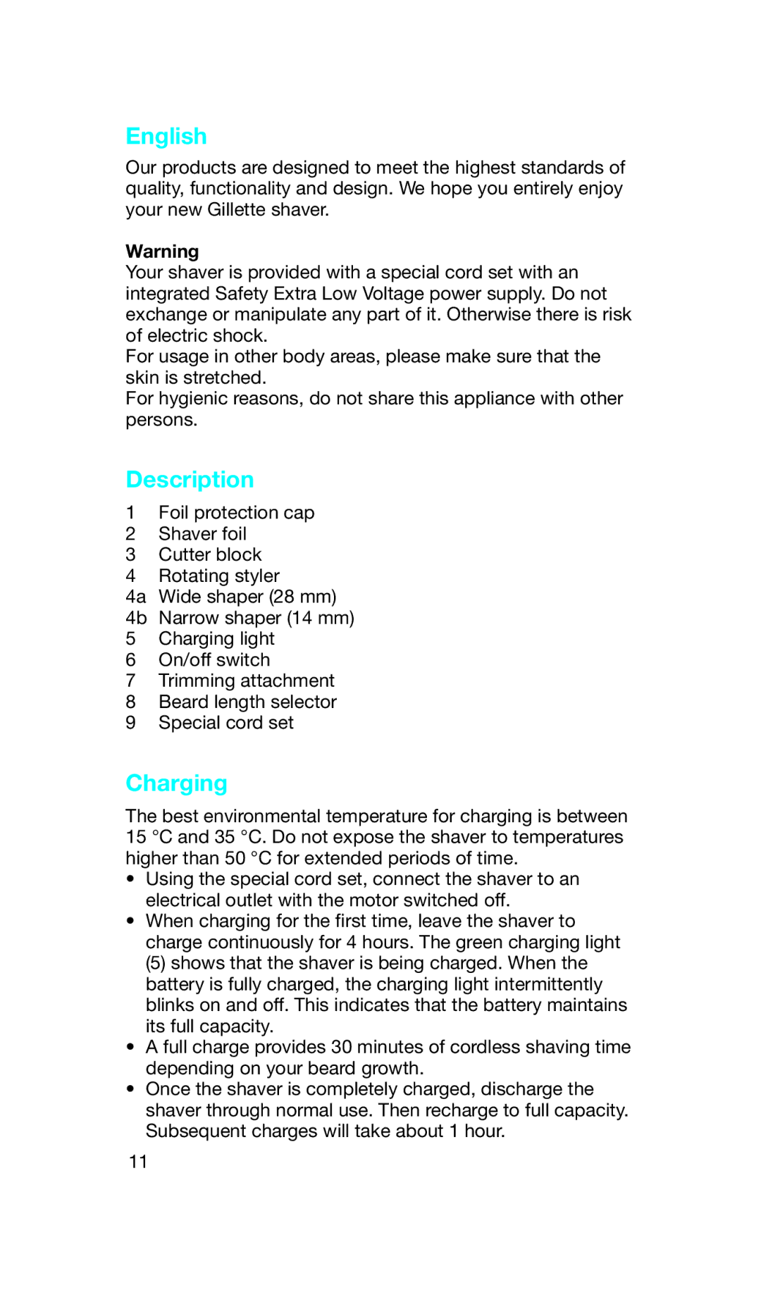 Braun Z50 manual English, Description, Charging 