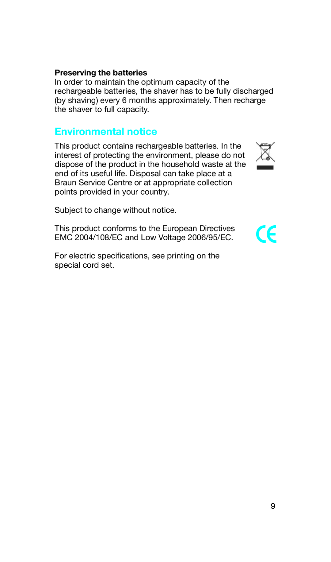 Braun Z60 manual Environmental notice, Preserving the batteries 