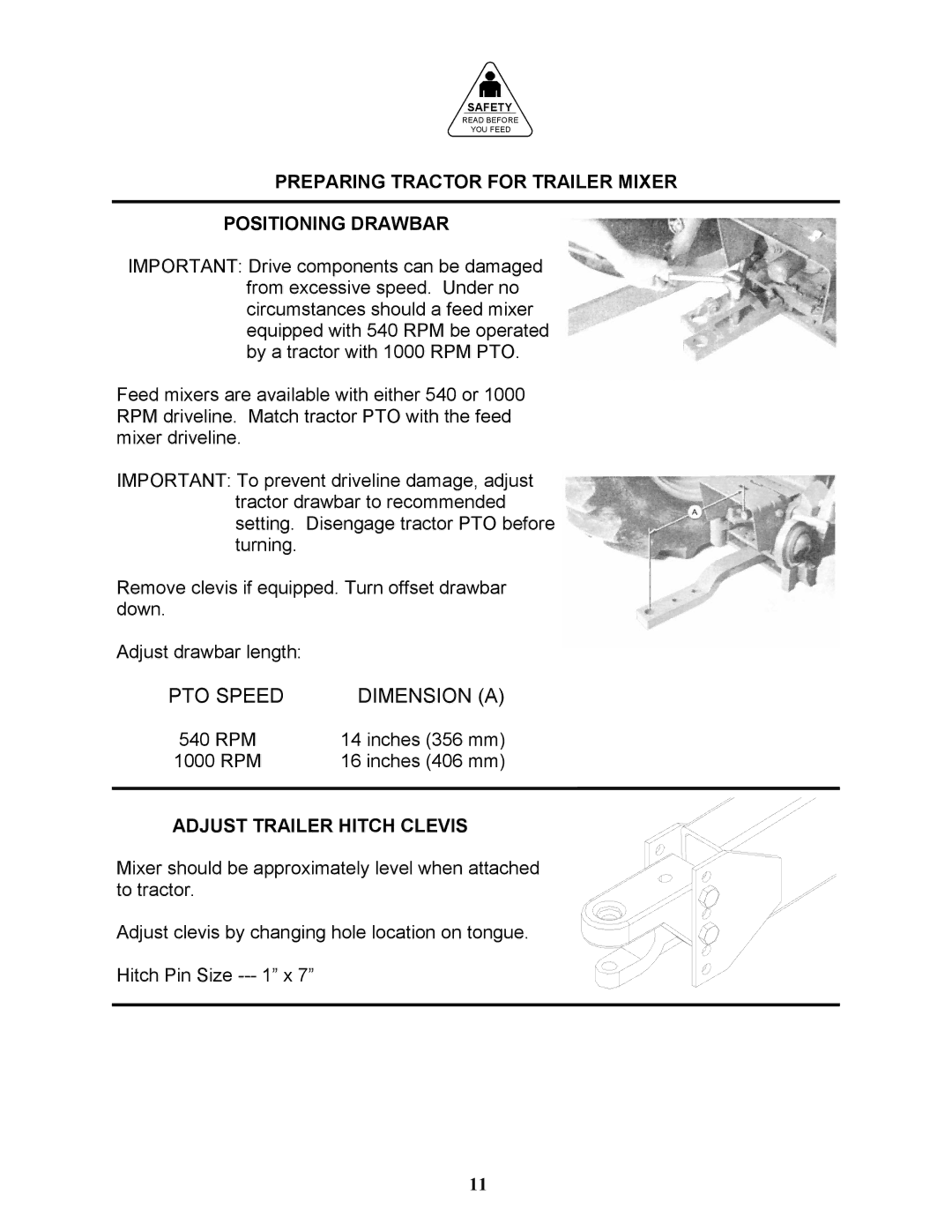 Bravetti 524-15B manual Preparing Tractor for Trailer Mixer Positioning Drawbar, Adjust Trailer Hitch Clevis 