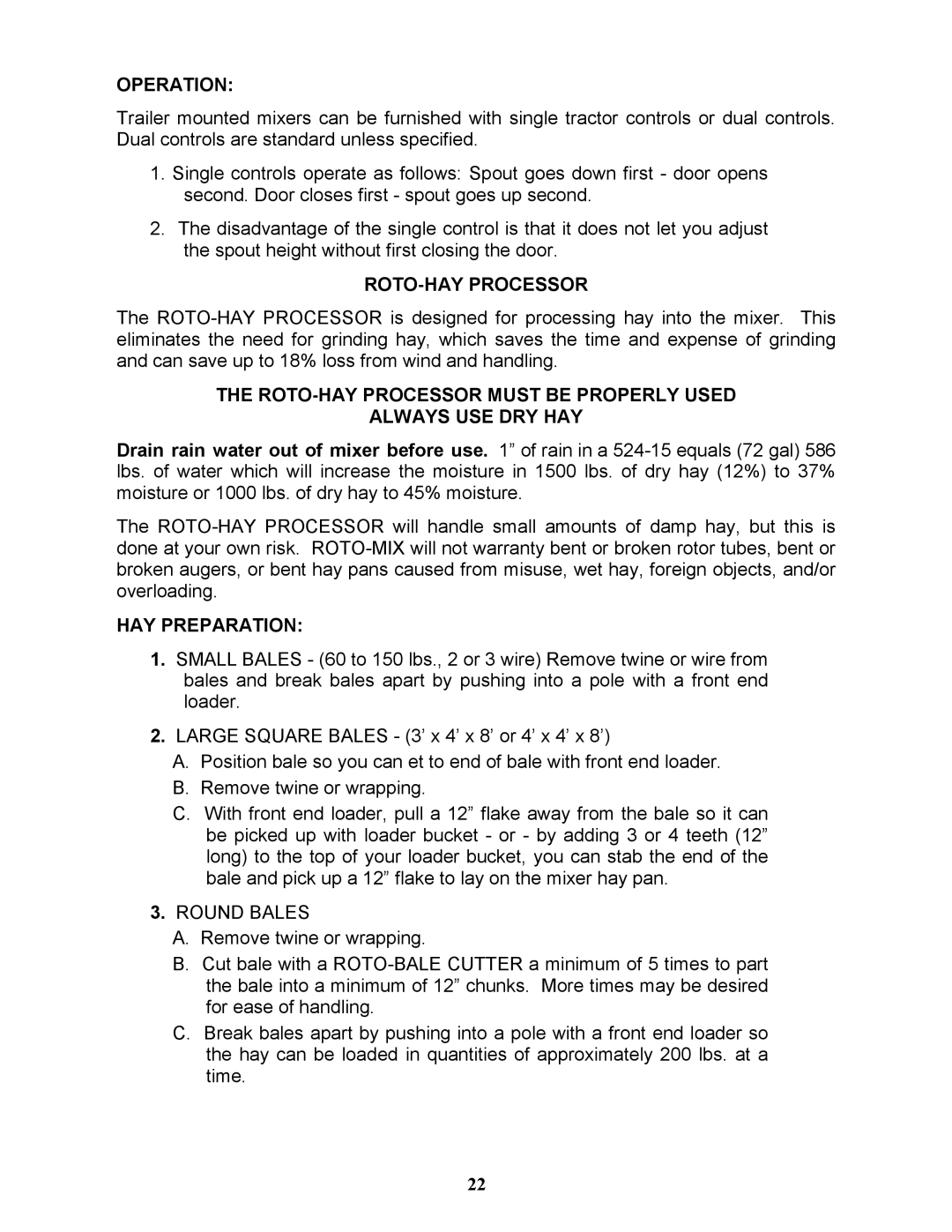Bravetti 524-15B Operation, ROTO-HAY Processor Must be Properly Used Always USE DRY HAY, HAY Preparation, Round Bales 
