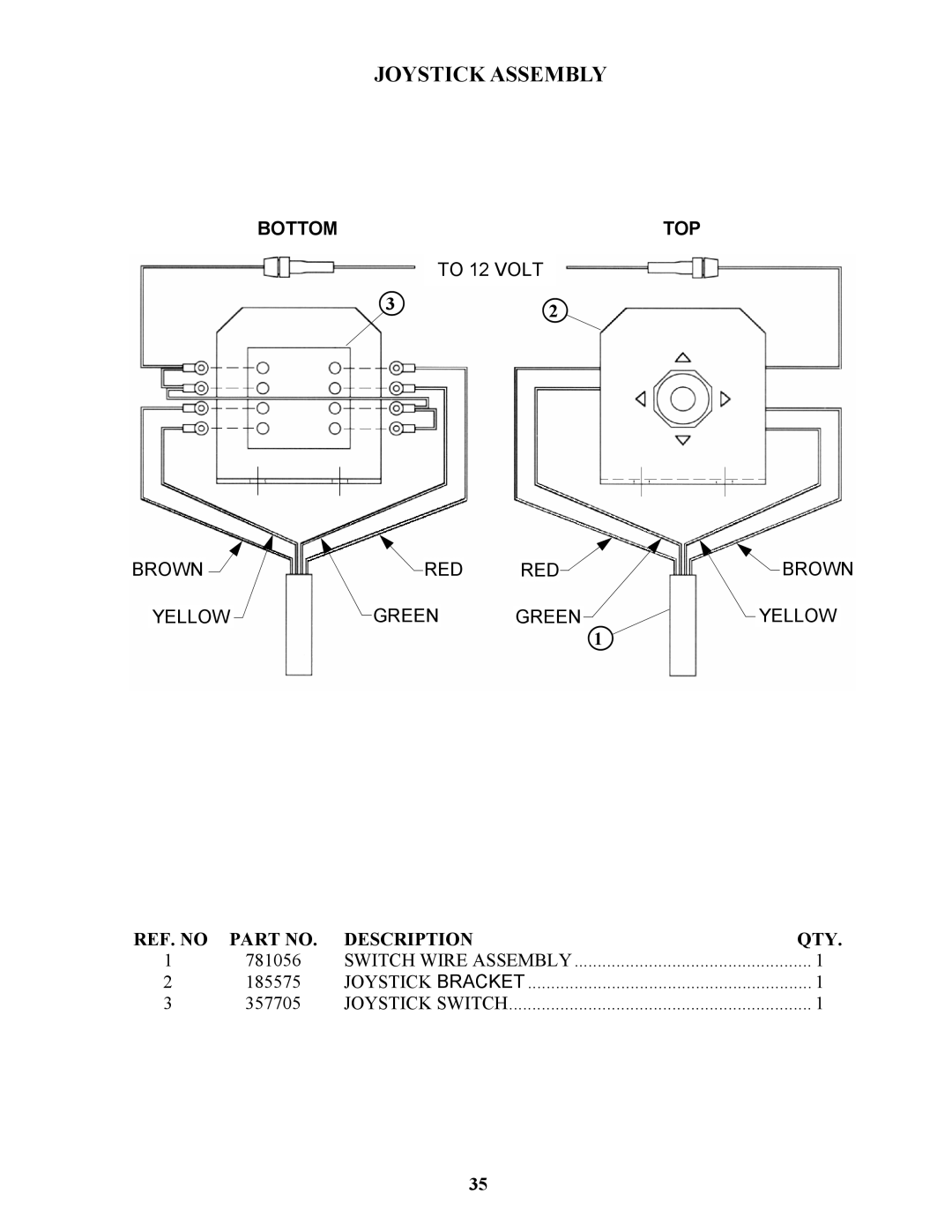 Bravetti 524-15B manual Joystick Assembly, Bottom TOP, To 12 Volt Brown RED Green Yellow 