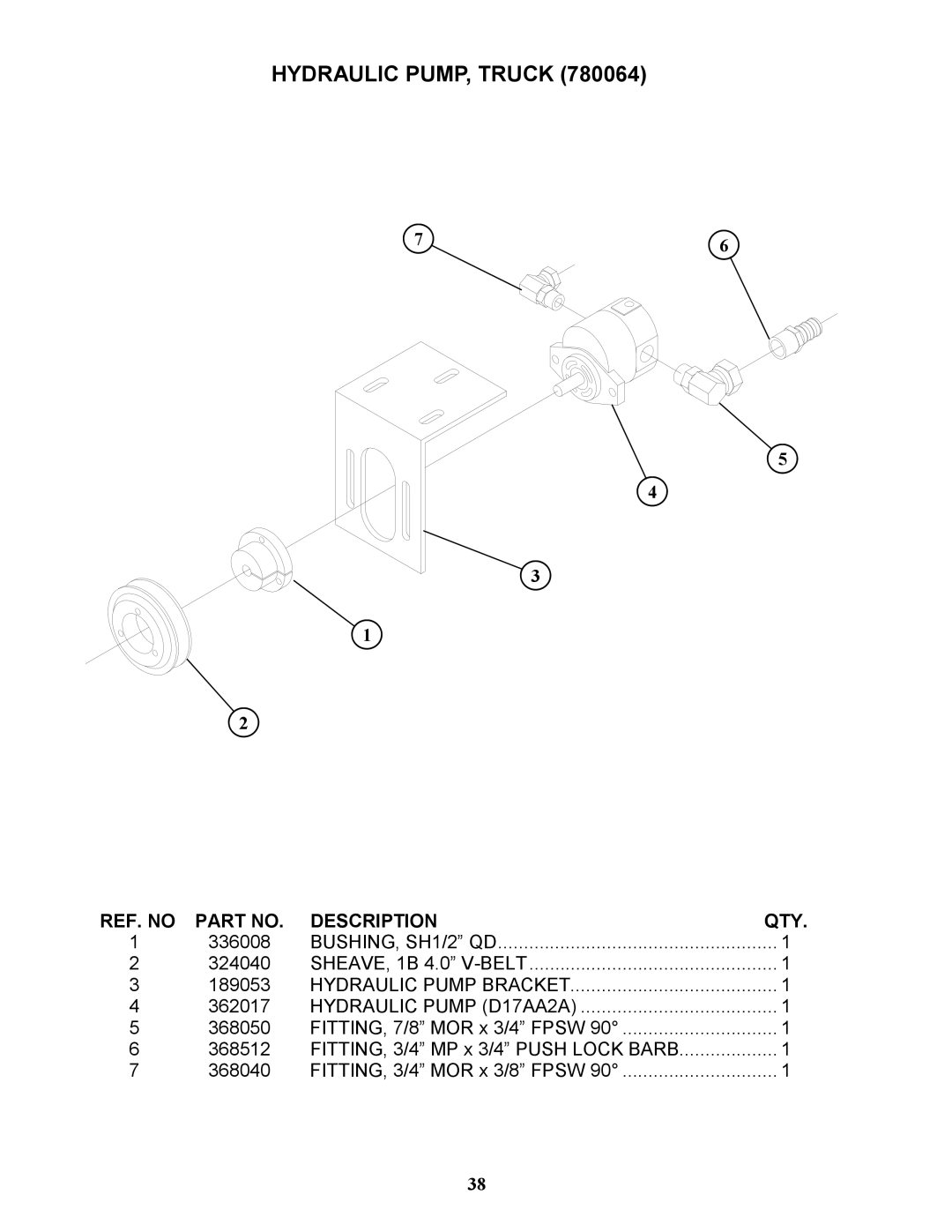 Bravetti 524-15B manual Hydraulic PUMP, Truck, BUSHING, SH1/2 QD, SHEAVE, 1B 4.0 V-BELT, Hydraulic Pump Bracket 