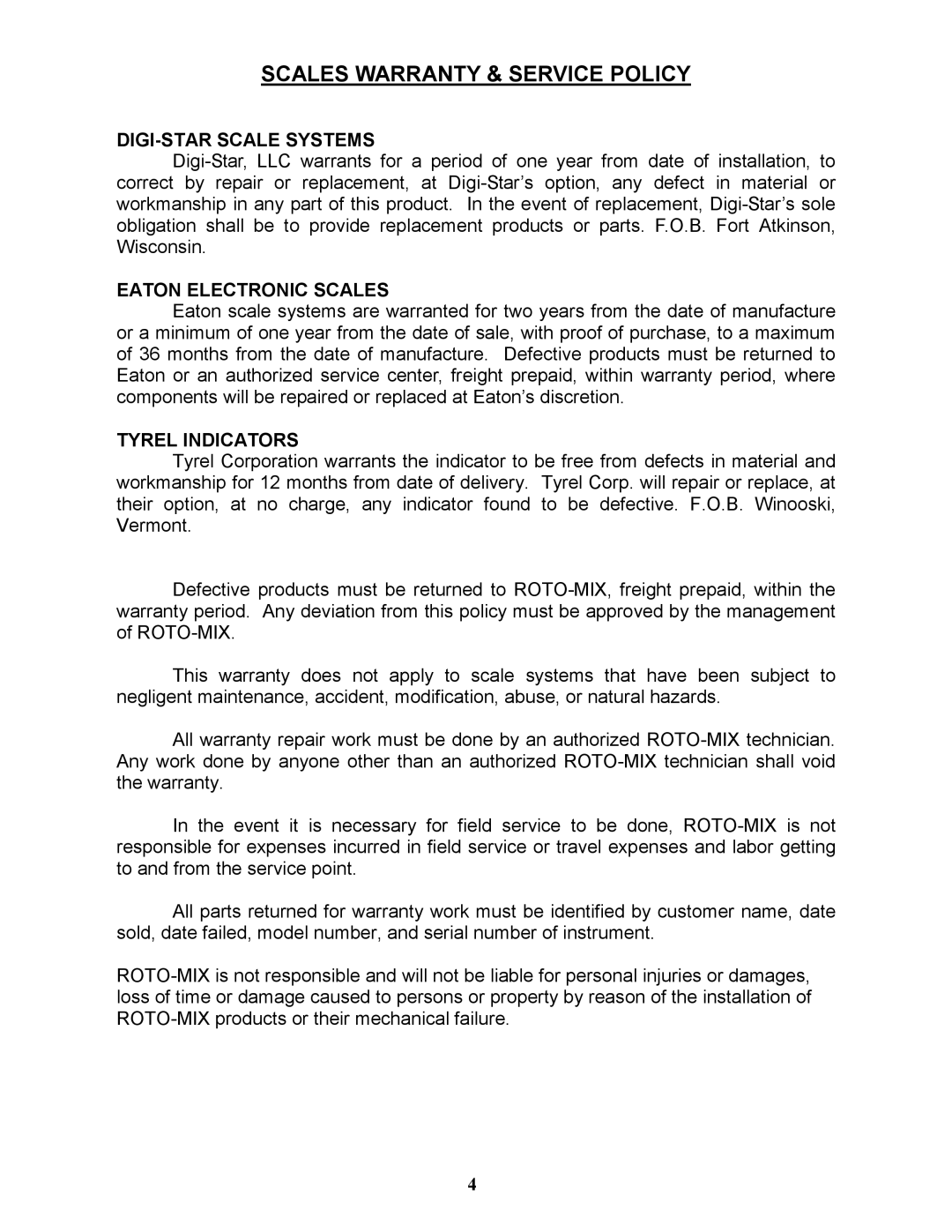 Bravetti 524-15B Scales Warranty & Service Policy, DIGI-STAR Scale Systems, Eaton Electronic Scales, Tyrel Indicators 