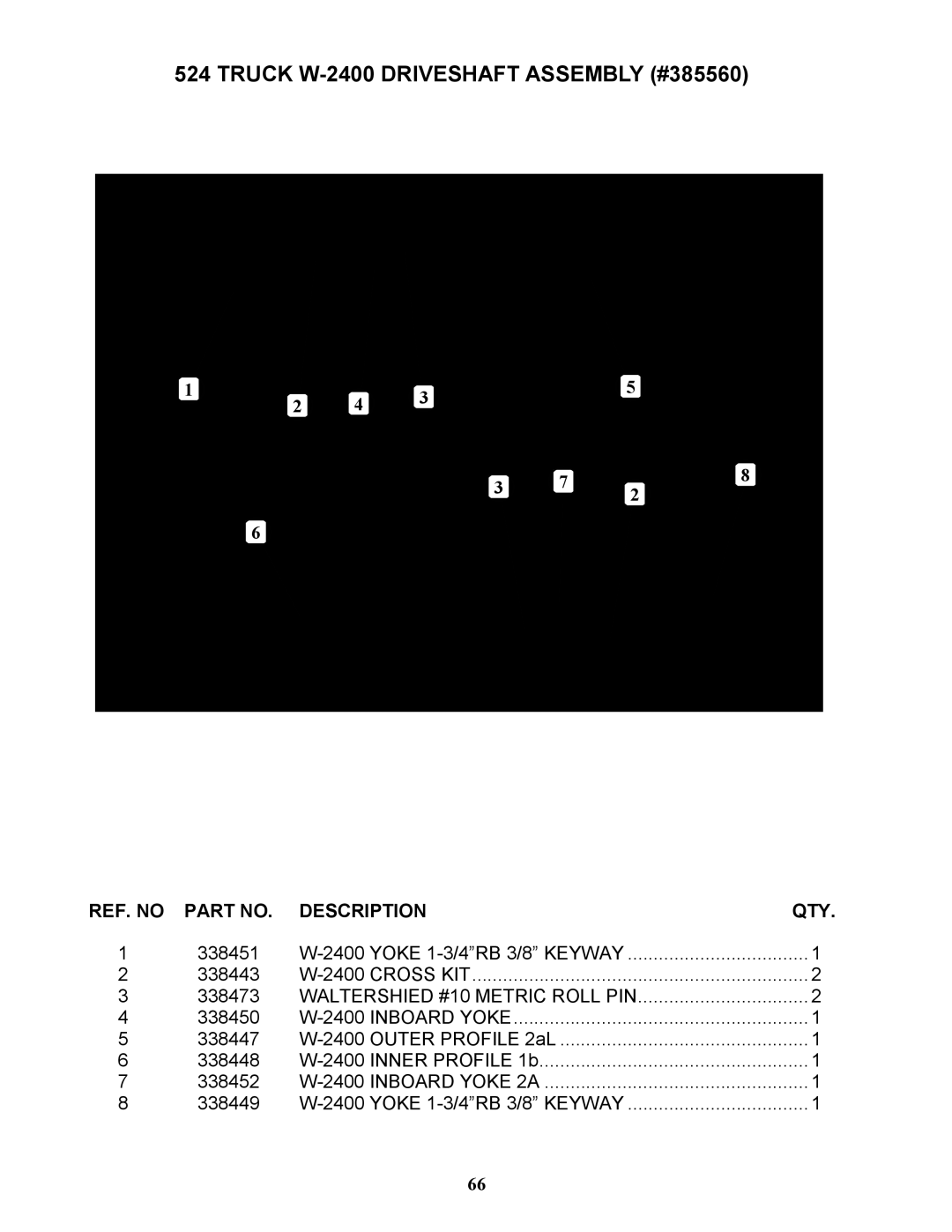 Bravetti 524-15B manual Truck W-2400 Driveshaft Assembly #385560, Cross KIT, Waltershied #10 Metric Roll PIN, Inboard Yoke 