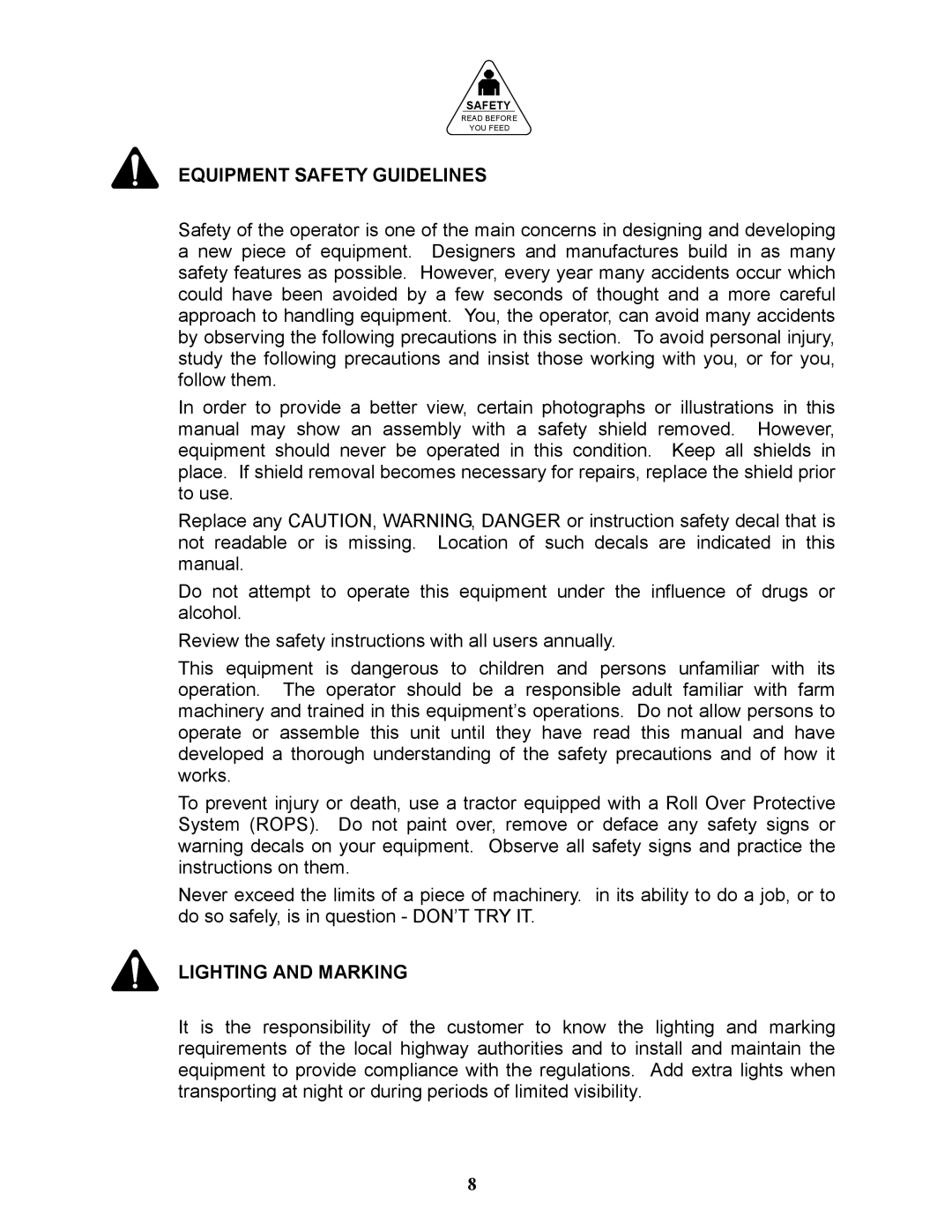 Bravetti 524-15B manual Equipment Safety Guidelines, Lighting and Marking 