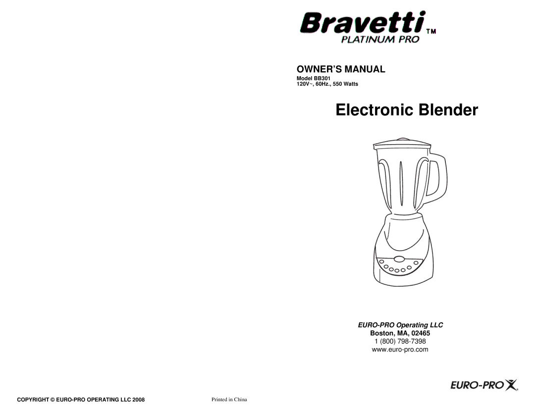 Bravetti BB301 owner manual Electronic Blender 