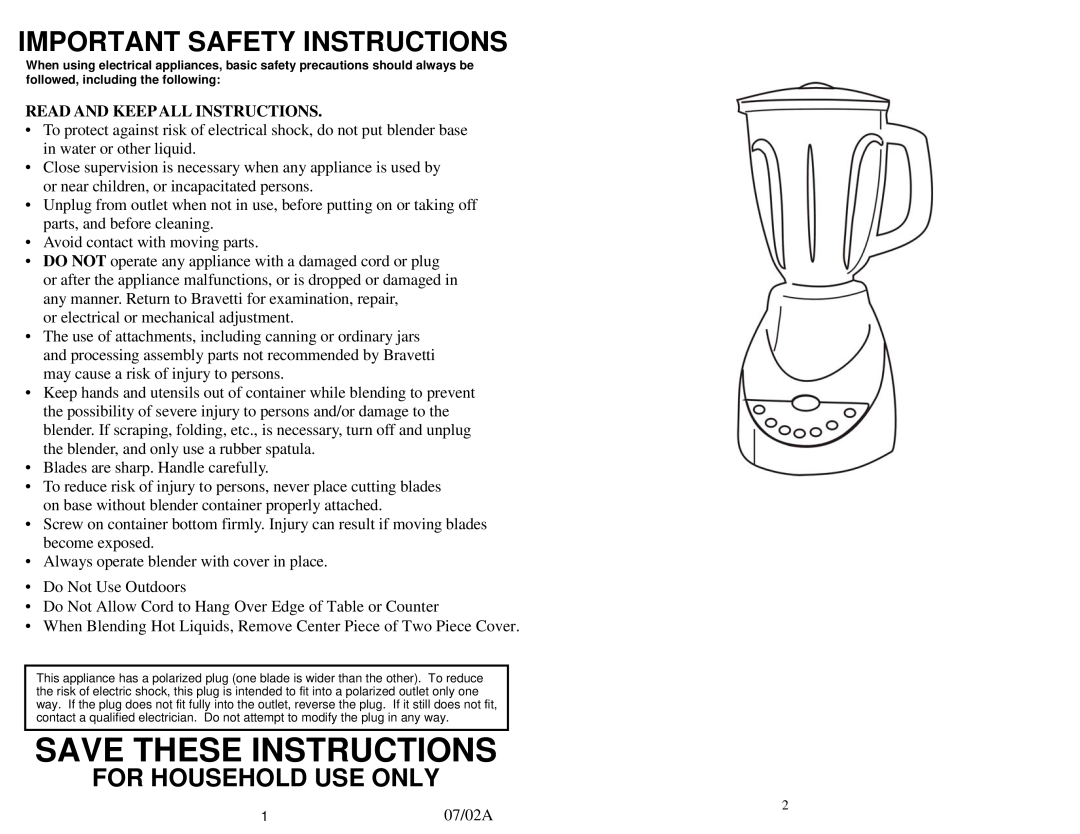 Bravetti BB301 owner manual Save These Instructions, Read And Keepall Instructions, Important Safety Instructions 
