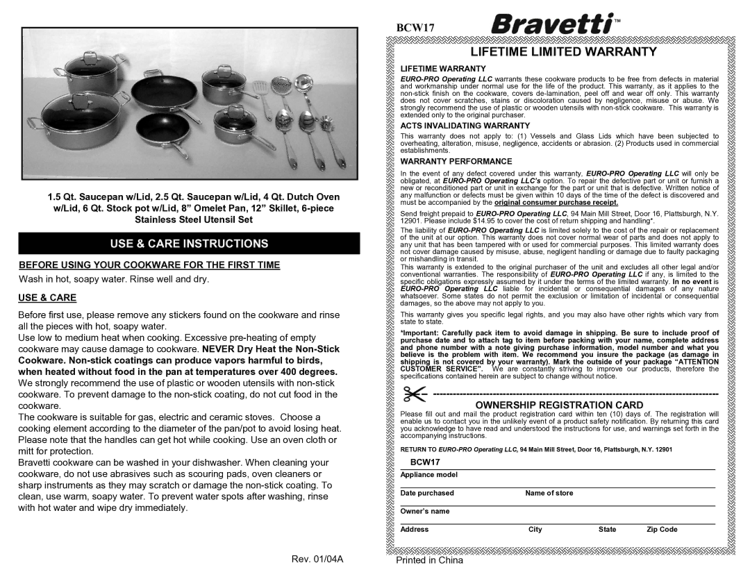 Bravetti BCW17 owner manual Lifetime Warranty, Acts Invalidating Warranty, Warranty Performance 