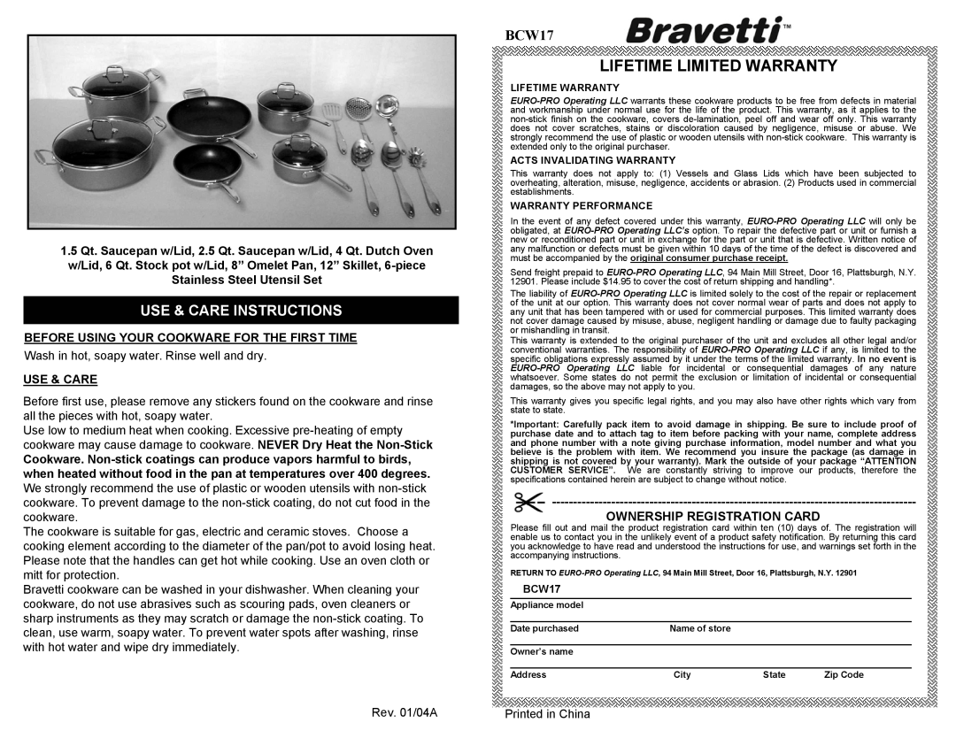Bravetti BCW17 owner manual Lifetime Limited Warranty, Use & Care Instructions, Ownership Registration Card 