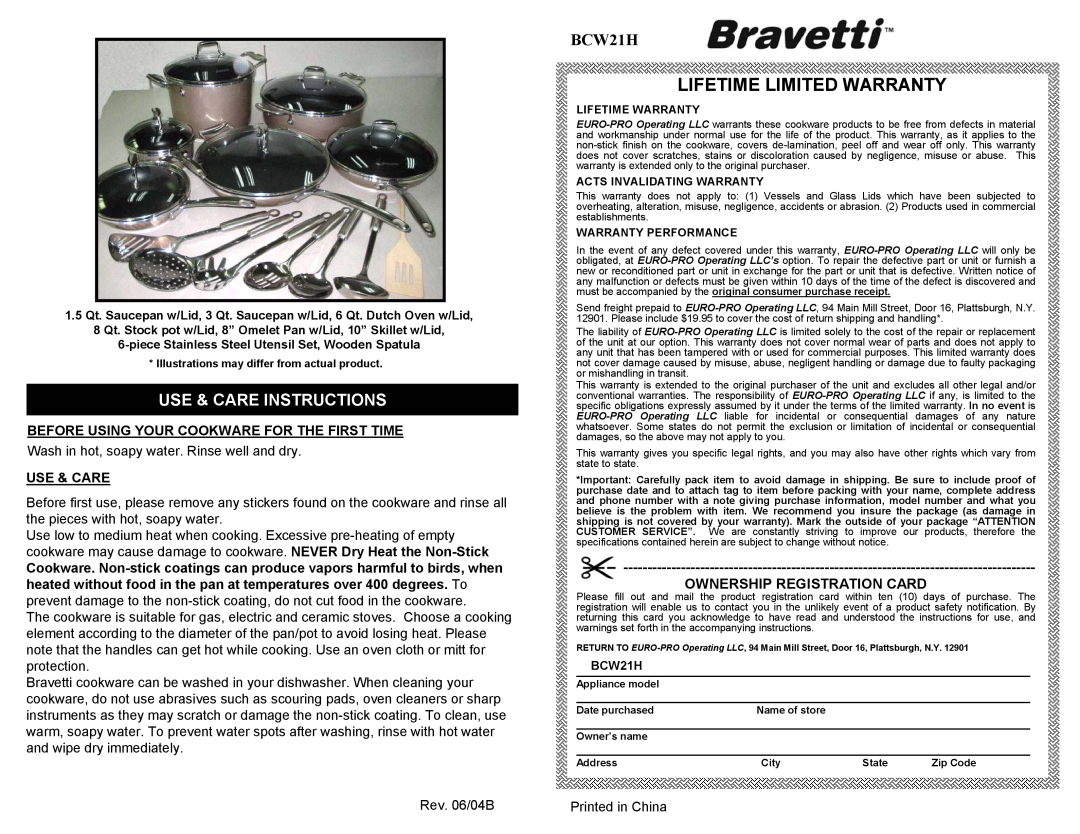Bravetti BCW21H owner manual Lifetime Limited Warranty, Use & Care Instructions, Ownership Registration Card 