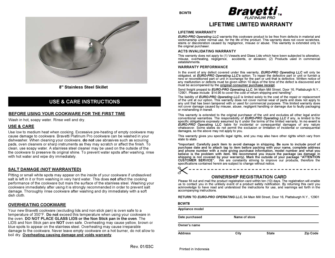 Bravetti BCWT8 Before Using Your Cookware for the First Time, USE & Care, Salt Damage not Warranted, Overheating Cookware 