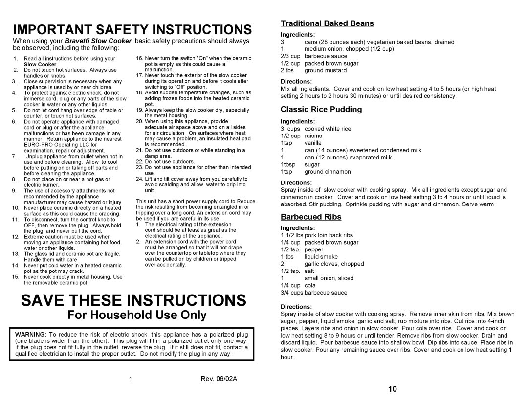 Bravetti BKC203 owner manual Traditional Baked Beans, Classic Rice Pudding, Barbecued Ribs, Ingredients, Directions 