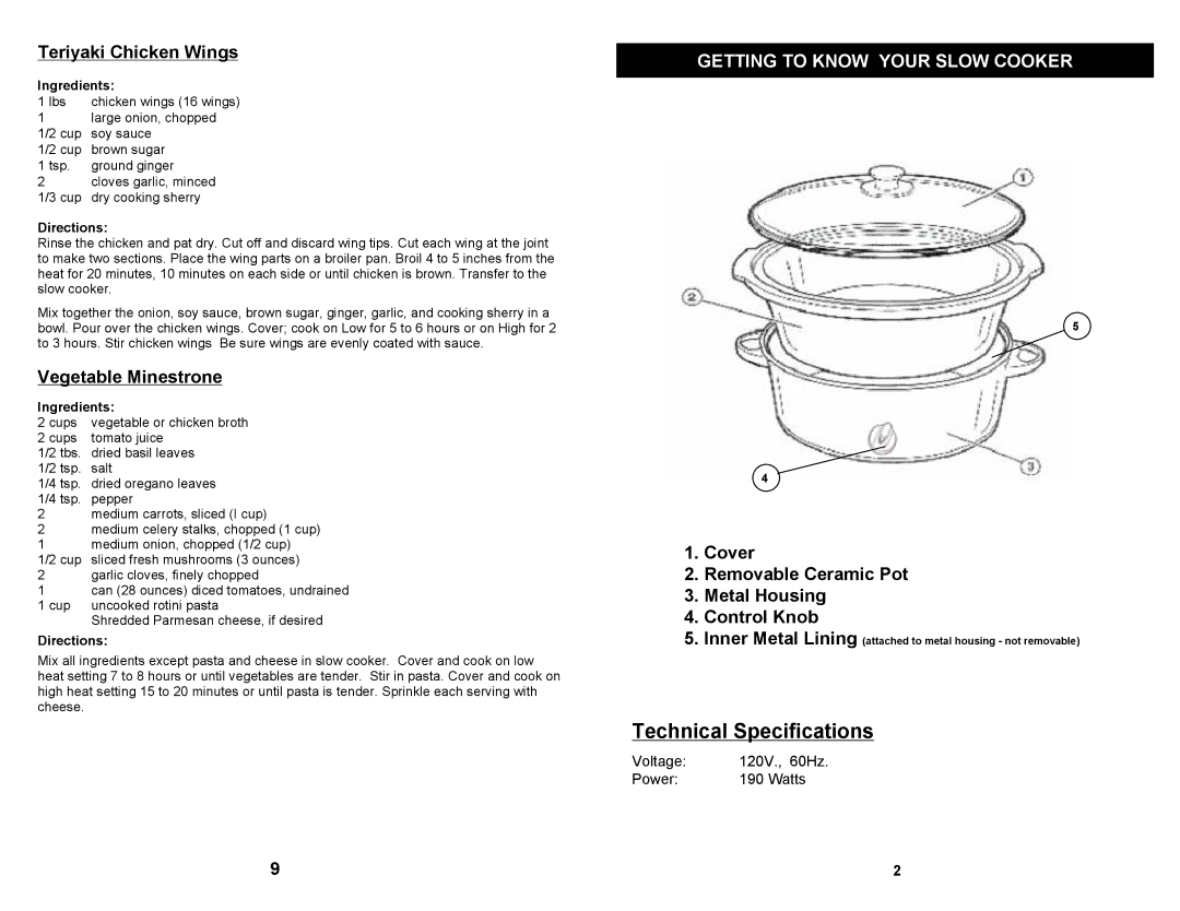 Bravetti BKC203 Teriyaki Chicken Wings, Vegetable Minestrone, Cover Removable Ceramic Pot Metal Housing Control Knob 