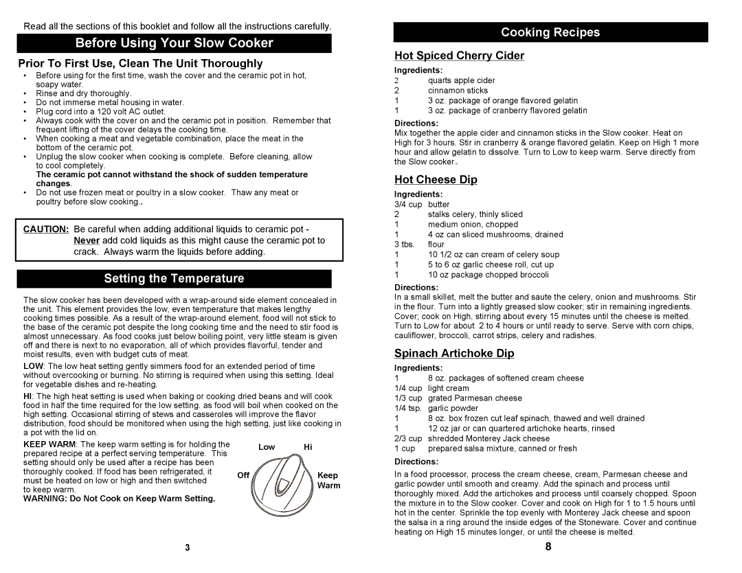 Bravetti BKC203 owner manual Setting the Temperature, Cooking Recipes 