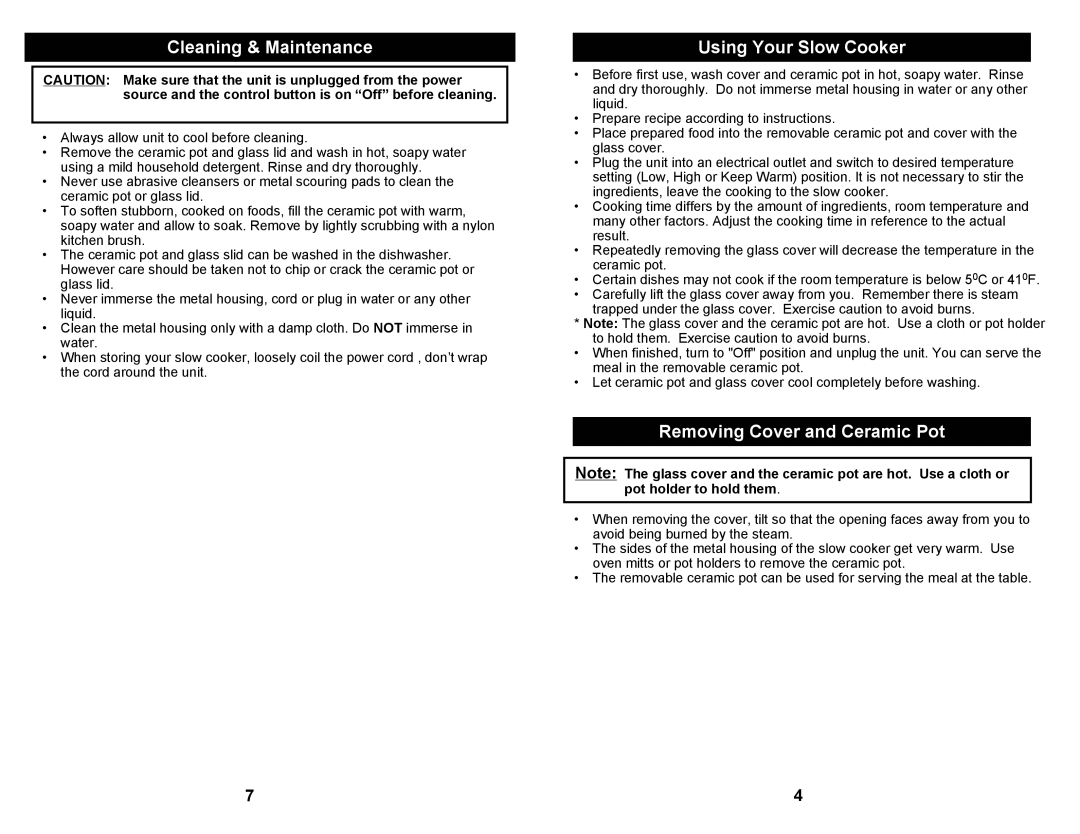 Bravetti BKC203 owner manual Cleaning & Maintenance, Using Your Slow Cooker, Removing Cover and Ceramic Pot 