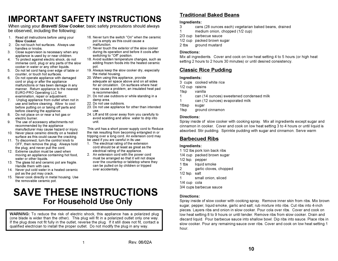 Bravetti BKC203 owner manual Save These Instructions, Traditional Baked Beans, Classic Rice Pudding, Barbecued Ribs 
