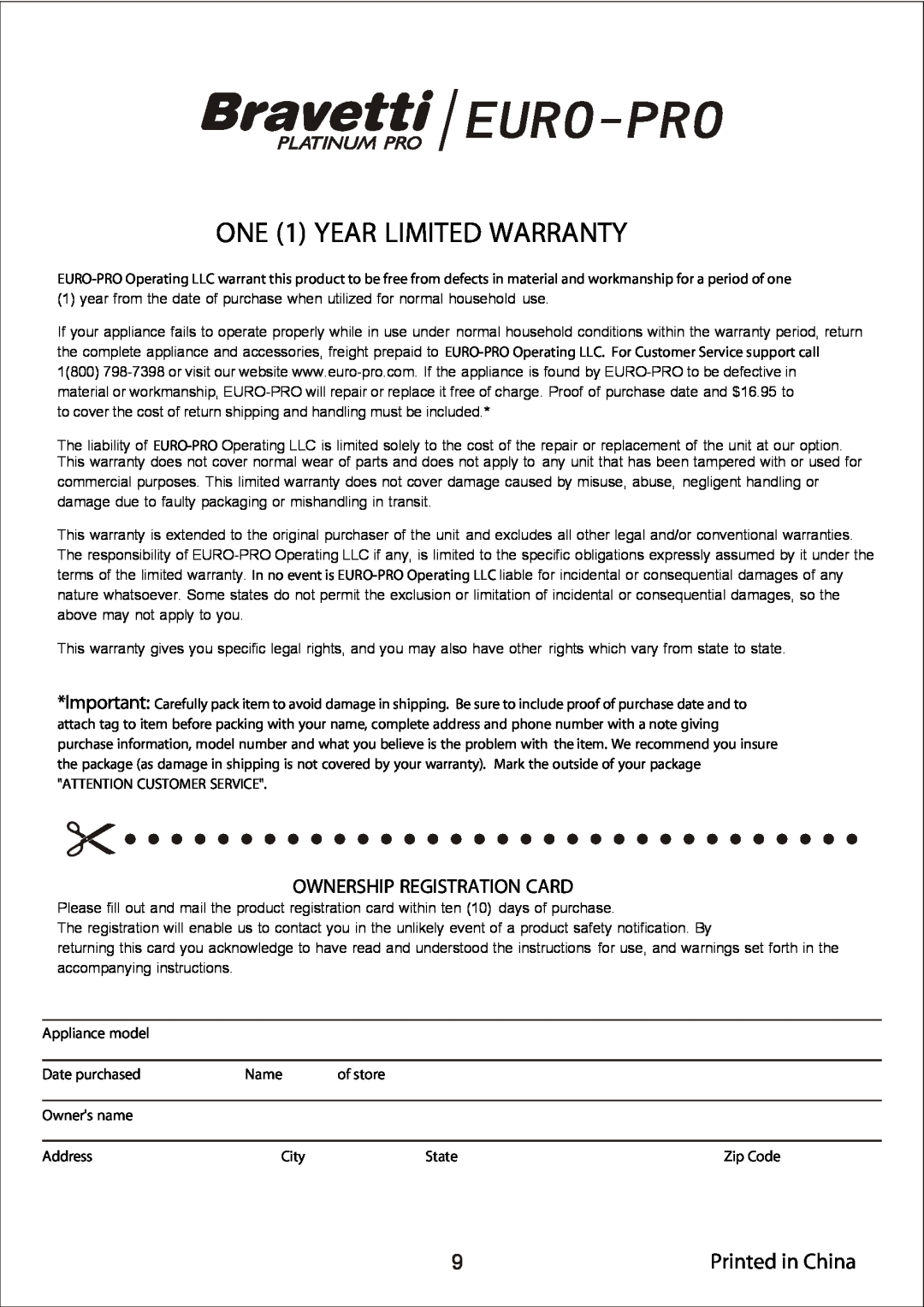 Bravetti BKS600 manual ONE 1 YEAR LIMITED WARRANTY, Ownership Registration Card 