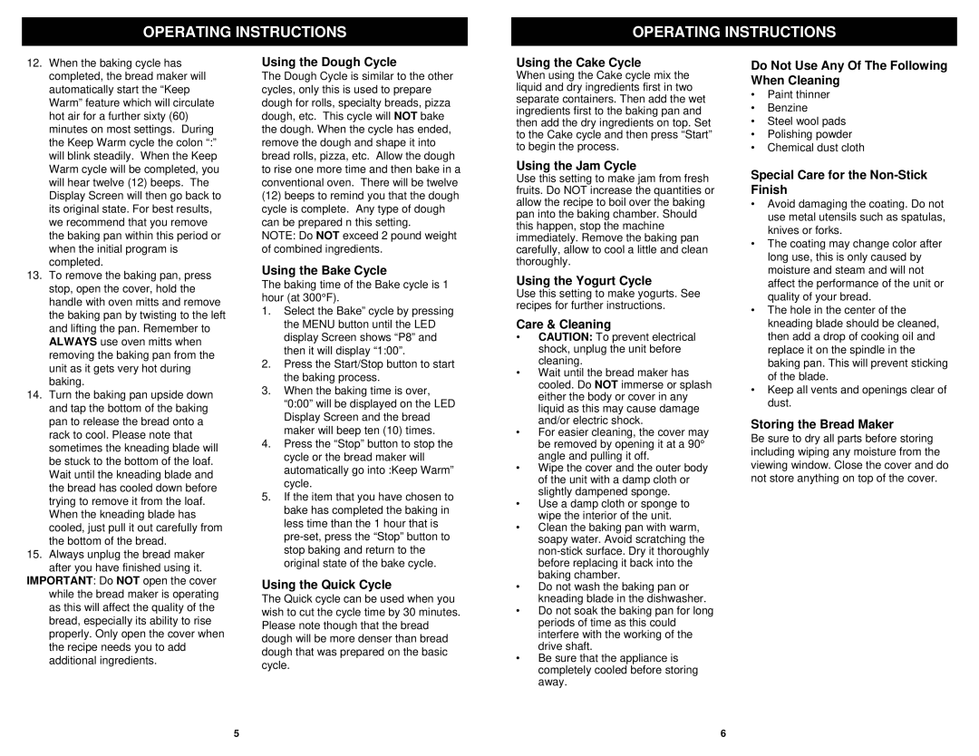 Bravetti BM20H owner manual Operating Instructions, Using the Dough Cycle 