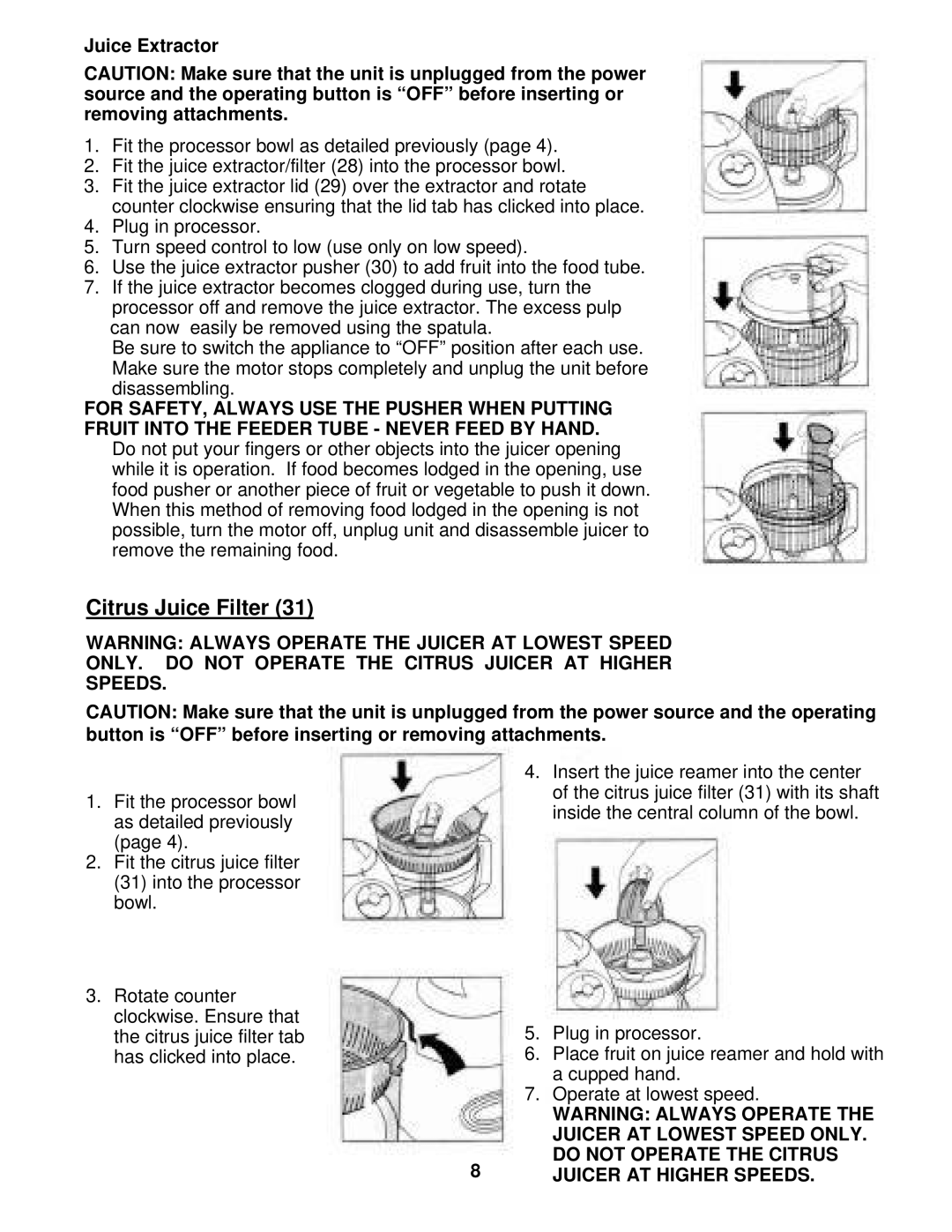 Bravetti BP100 instruction manual Citrus Juice Filter 