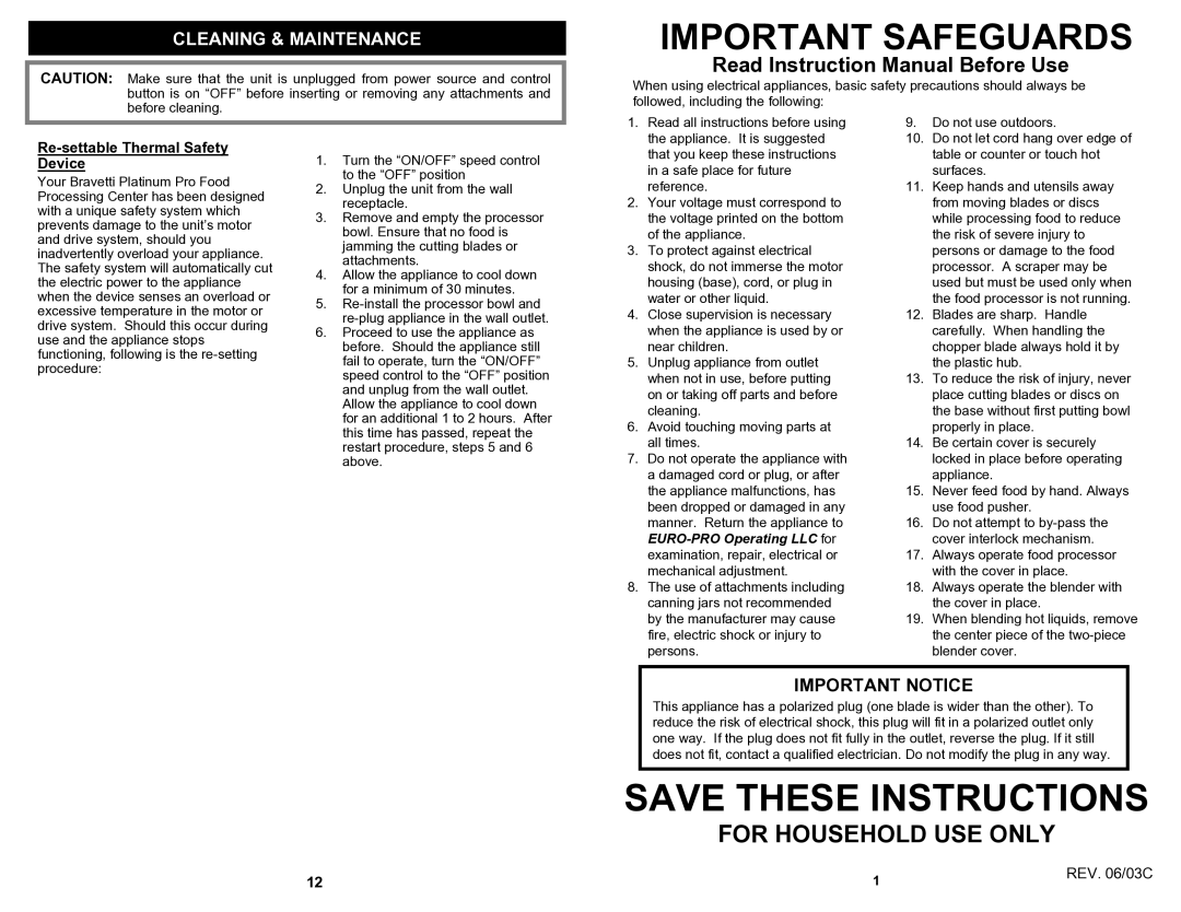 Bravetti BP101H Important Safeguards, Cleaning & Maintenance, Important Notice, Re-settable Thermal Safety Device 