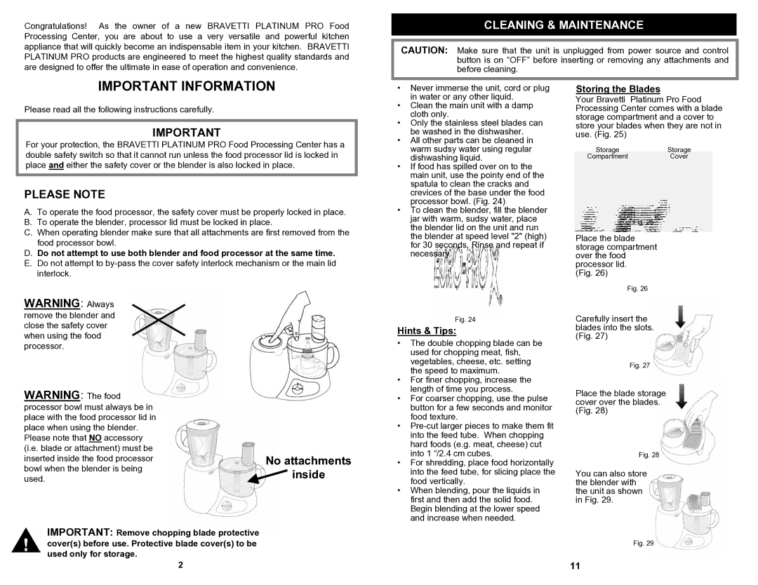 Bravetti BP101H owner manual Please Note, No attachments inside, Storing the Blades, Hints & Tips 