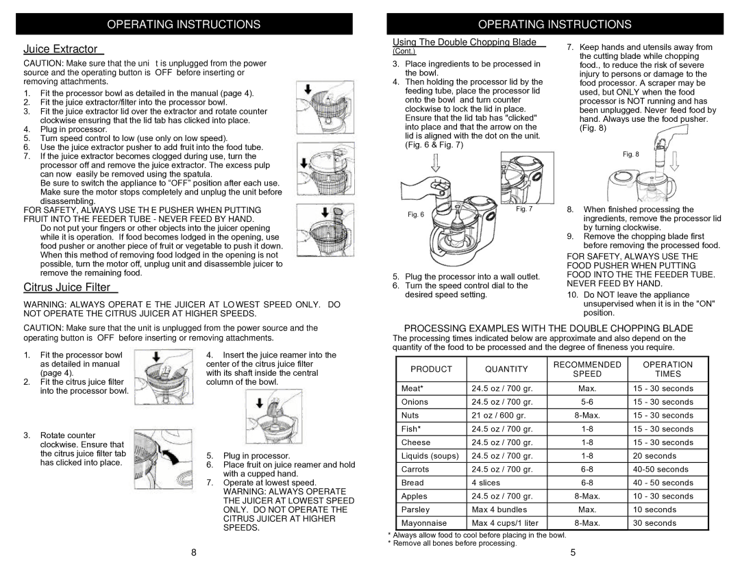 Bravetti BP101H owner manual Juice Extractor, Citrus Juice Filter 