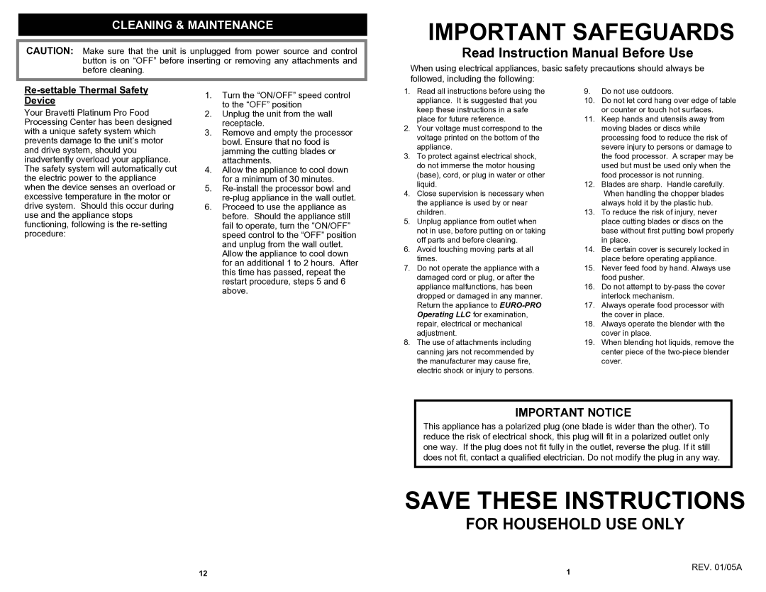 Bravetti BP101H2 owner manual Important Safeguards, Important Notice, Re-settable Thermal Safety Device 