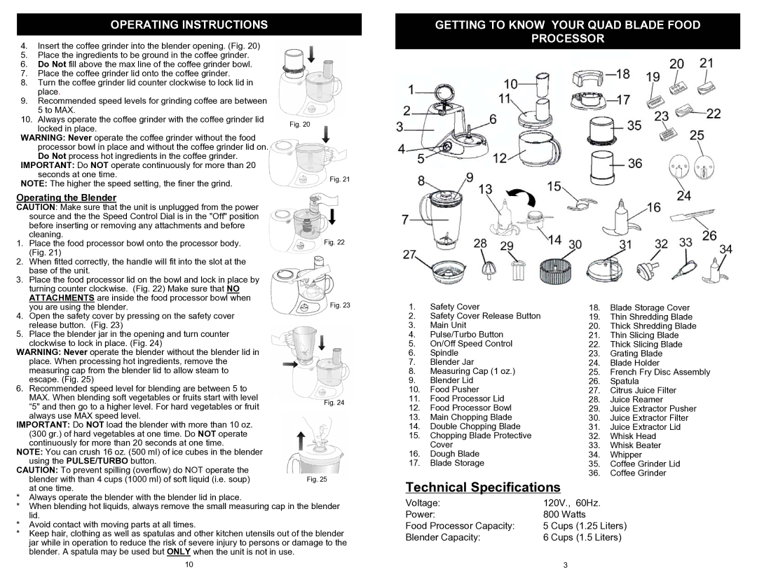 Bravetti BP101H2 owner manual Technical Specifications, Operating the Blender 