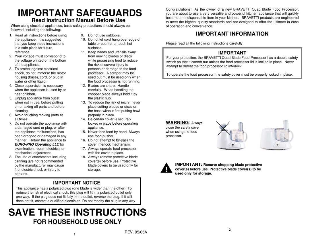 Bravetti BP101H3 owner manual Important Safeguards, REV /05A 