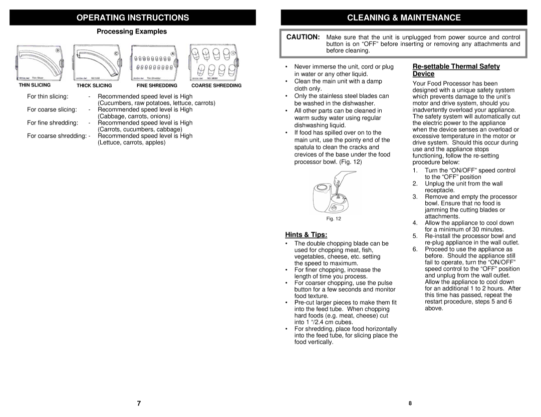 Bravetti BP101H3 owner manual Cleaning & Maintenance, Processing Examples, Hints & Tips, Re-settable Thermal Safety Device 