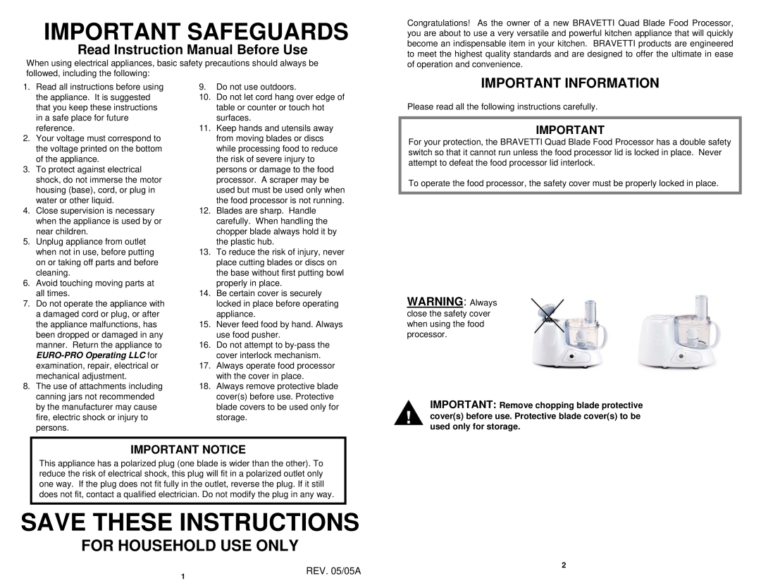 Bravetti BP101H3 Important Information, REV. 05/05A, Save These Instructions, Important Safeguards, For Household Use Only 