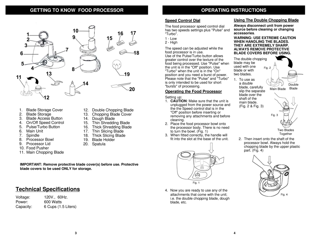 Bravetti BP101H3 Technical Specifications, Getting To Know Food Processor, Operating Instructions, Speed Control Dial 