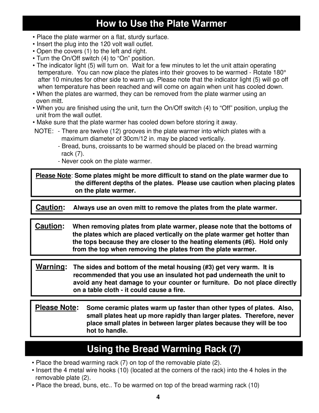 Bravetti BR220 manual How to Use the Plate Warmer, Using the Bread Warming Rack 