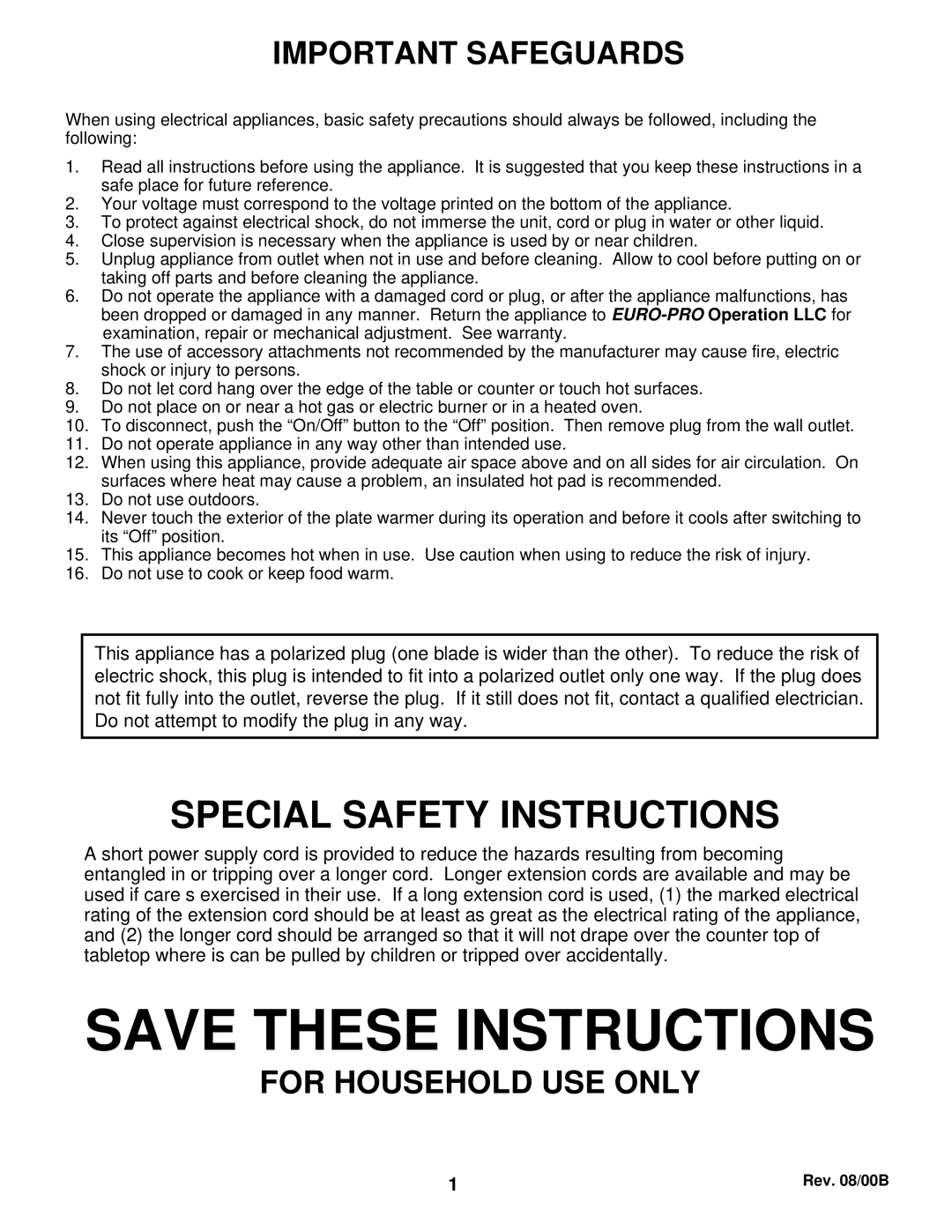 Bravetti BR220 manual Special Safety Instructions, Save These Instructions, Important Safeguards, For Household Use Only 