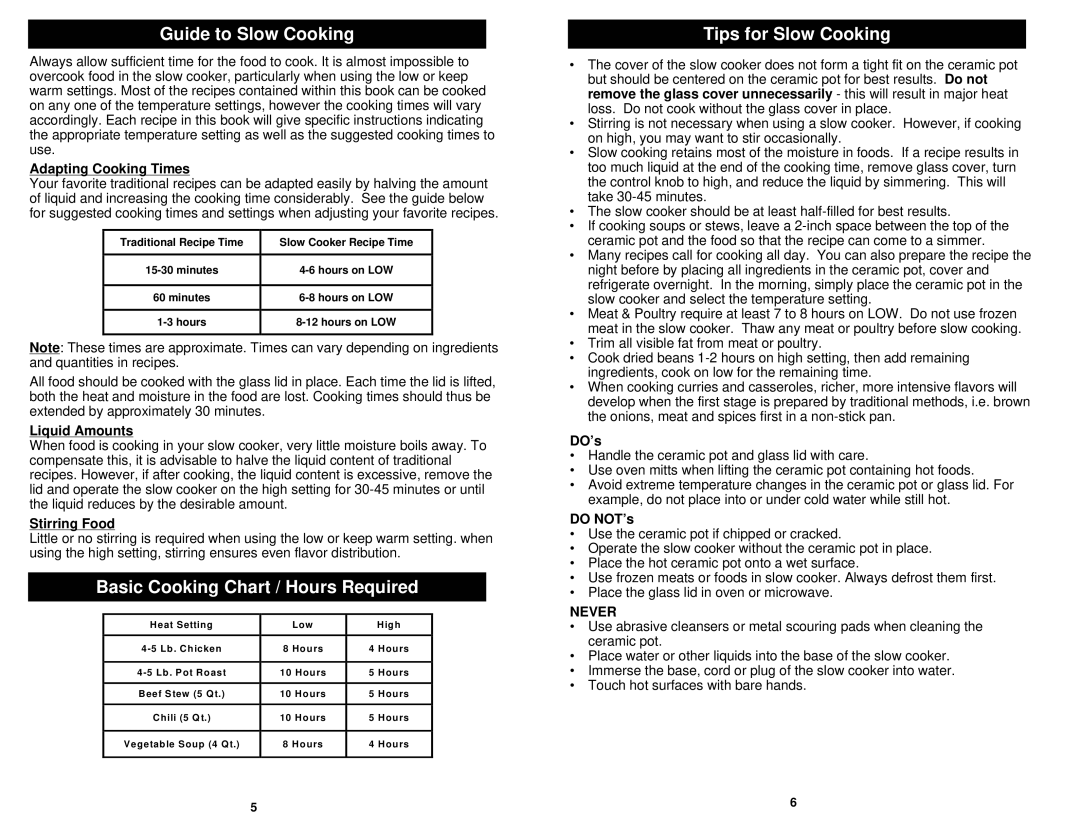 Bravetti C207 owner manual Guide to Slow Cooking, Basic Cooking Chart / Hours Required, Tips for Slow Cooking 