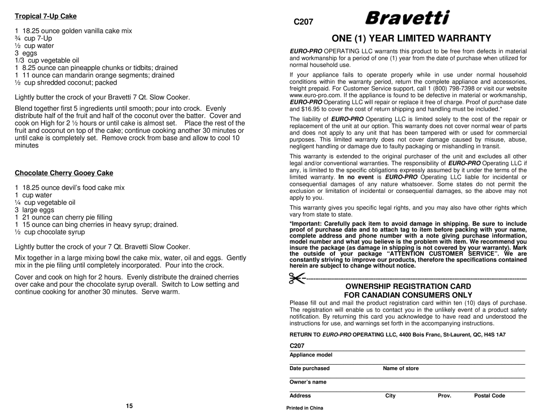 Bravetti C207 owner manual Tropical 7-Up Cake, Chocolate Cherry Gooey Cake 