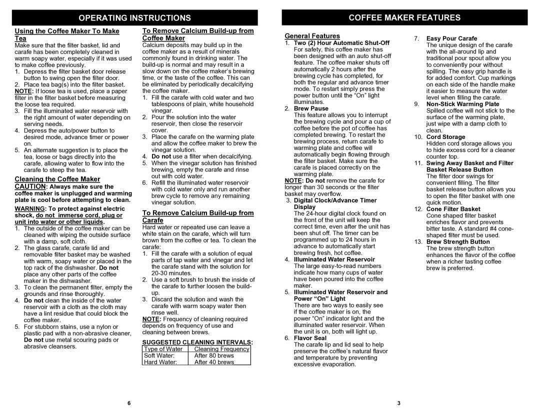 Bravetti CM80H Operating Instructions Coffee Maker Features, Using the Coffee Maker To Make Tea, General Features 