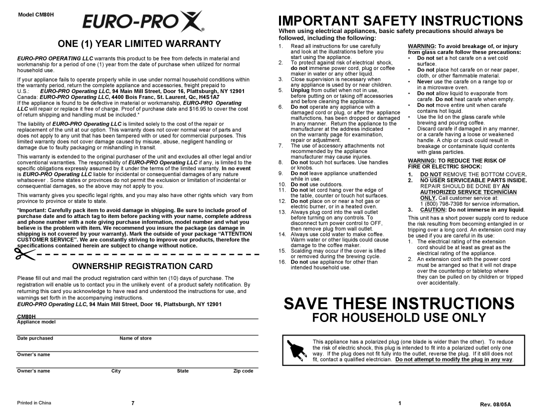 Bravetti CM80H Save These Instructions, Ownership Registration Card, Important Safety Instructions, For Household Use Only 