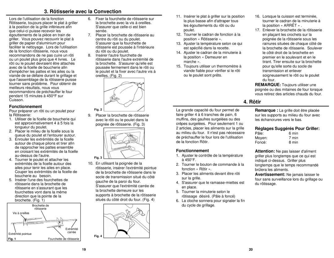 Bravetti CO200B owner manual Rôtisserie avec la Convection, Rôtir, Réglages Suggérés Pour Griller 