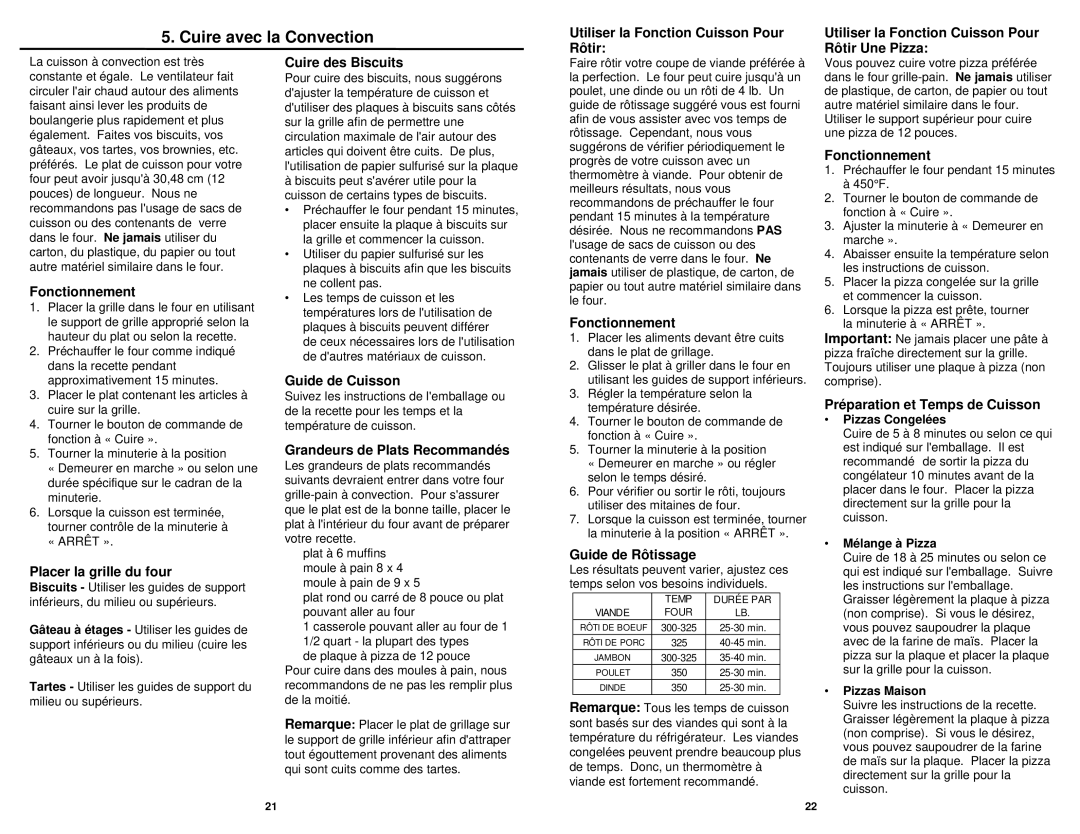 Bravetti CO200B owner manual Cuire avec la Convection 