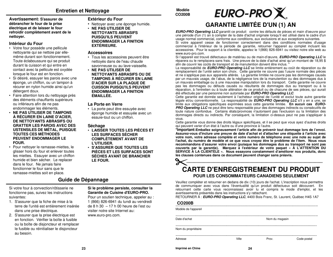 Bravetti CO200B owner manual Entretien et Nettoyage, Guide de Dépannage 