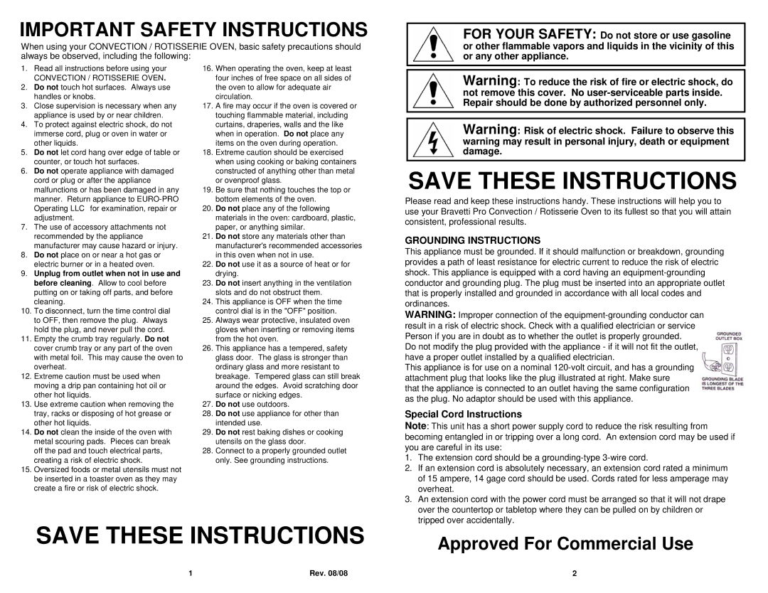 Bravetti CO200B owner manual Special Cord Instructions, Extension cord should be a grounding-type 3-wire cord, Overheat 