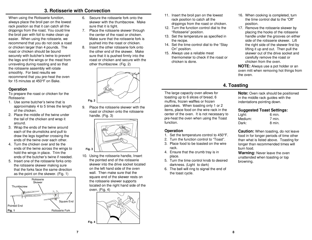 Bravetti CO200B owner manual Rotisserie with Convection, Toasting, Suggested Toast Settings 