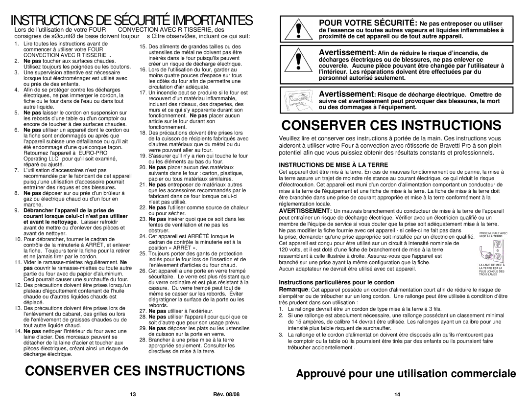 Bravetti CO200B owner manual Instructions DE Sécurité Importantes, Instructions particulières pour le cordon 